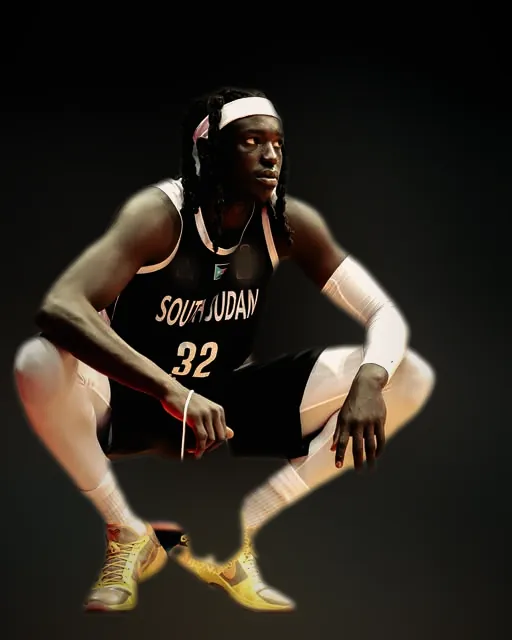 Wenyen crouching courtside in South Sudan's black No. 32 kit and gold shoes